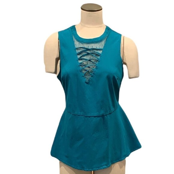 Torrid Peplum Top Stretch Sleeveless Round Neck & Mesh V-Neck Sz 0 Teal 210E - Picture 1 of 6
